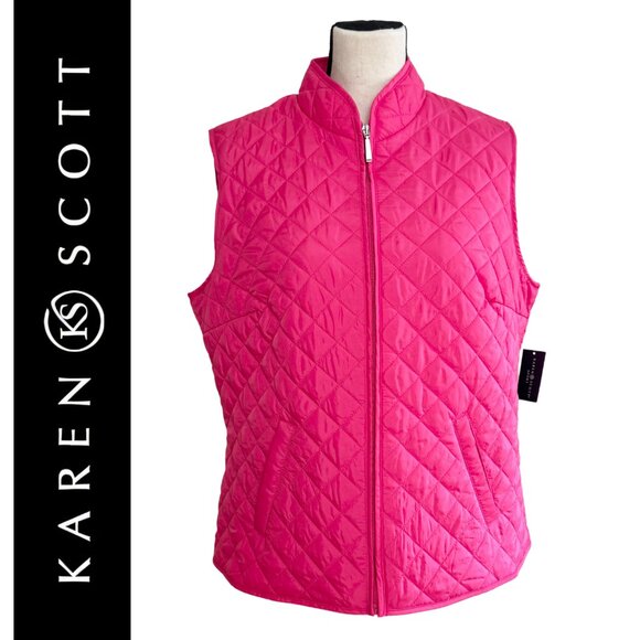 KAREN SCOTT Sport Bright Pink Diamond Quilted Women's Athleisure Puffer Vest - Picture 1 of 12